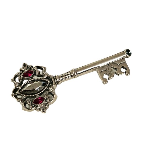 1928 Brand Red Blue Rhinestone Silver Tone Key Brooch Pin L259 - Picture 6 of 10